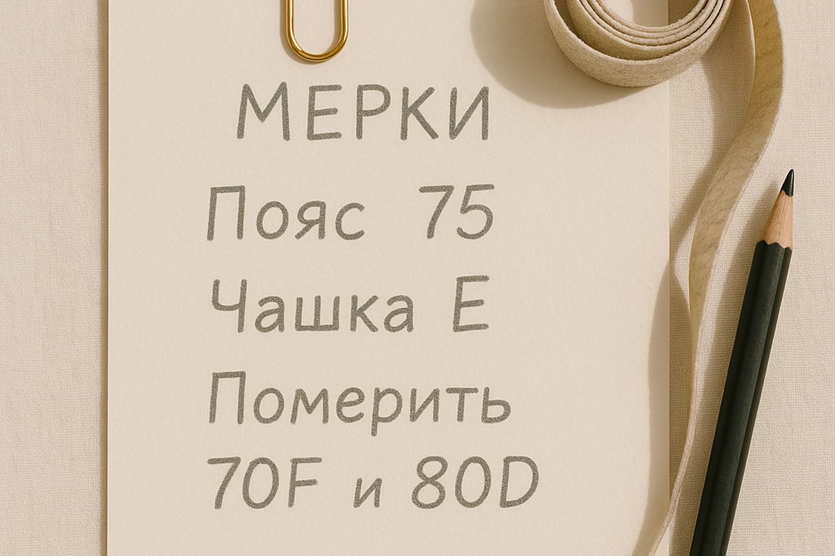 Карточка с рукописными мерками: пояс 75, чашка E, померить 70F и 80D; рядом свёрнутая сантиметровая лента и чёрный карандаш