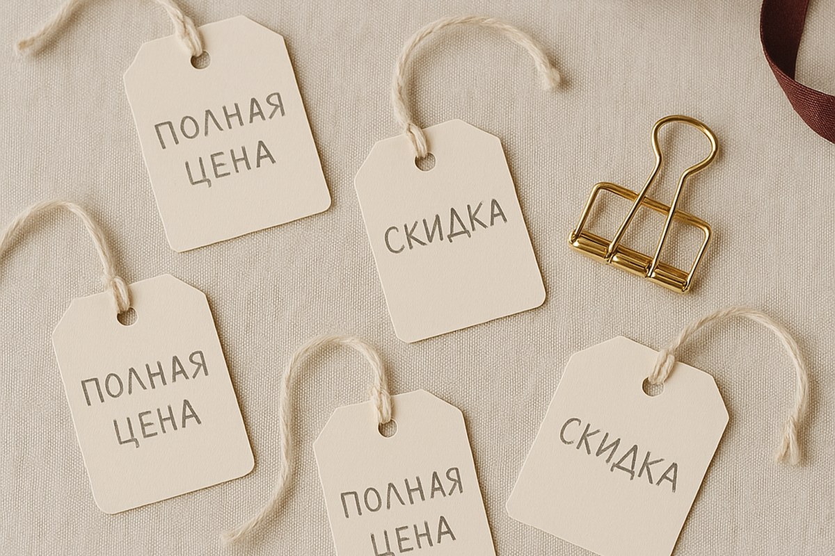 Несколько бумажных бирок на нитках лежат на льне: на каждой карандашная отметка перечёркнута, а ниже поставлена другая, короче
