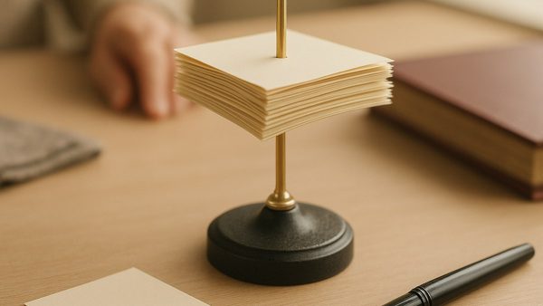 Латунный держатель для чеков со стопкой наколотых квитанций, один листок лежит рядом отдельно
