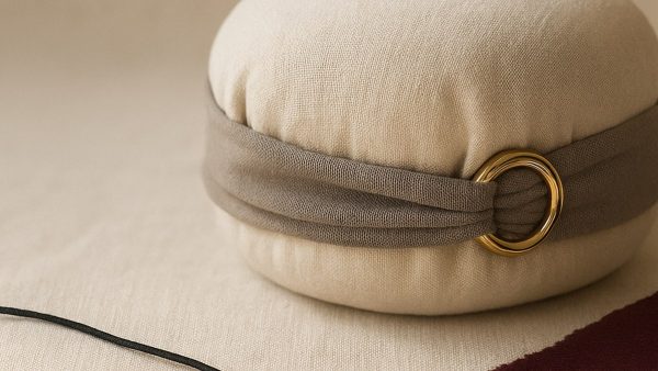 Мягкая льняная подушка, перехваченная серой лентой с латунным кольцом