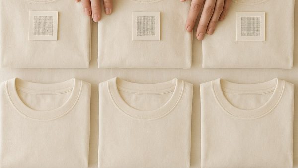 Шесть сложенных белых футболок, на трёх верхних лежат ярлыки с квадратным кодом маркировки