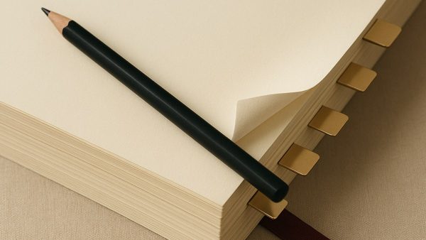 Стопка страниц договора с латунными закладками, загнутым уголком и чёрным карандашом