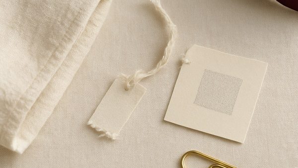 Бирка на нитке и карточка с квадратным кодом маркировки рядом со сложенной тканью