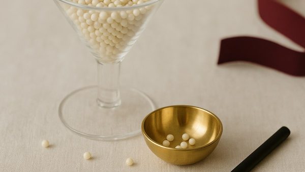 Стеклянная воронка, полная светлых бусин, и латунная чаша, в которую попало лишь несколько из них