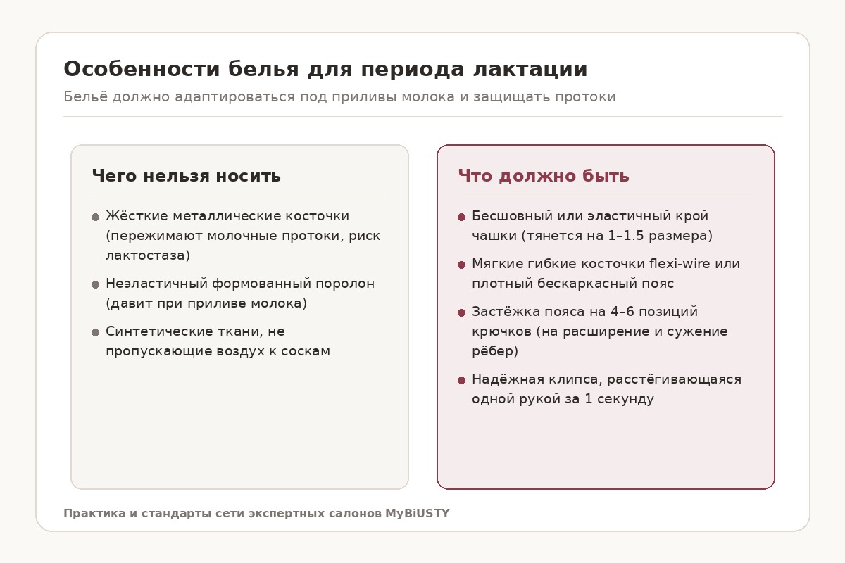 Анатомические элементы правильного бюстгальтера для кормления: гибкий каркас, клипса и запас застежки